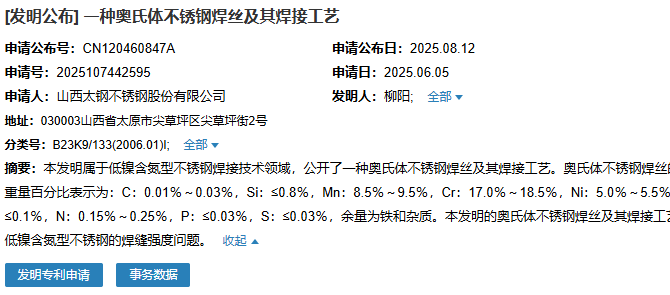 山西太鋼成功申請(qǐng)一項(xiàng)名為“一種奧氏體不銹鋼焊絲及其焊接工藝”專利